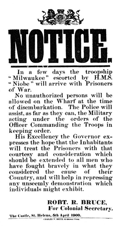 Aankondiging van de aankomst van Boerenkrijgsgevangenen op de Milwaukee, St. Helena, 5 april 1900 door Unbekannt