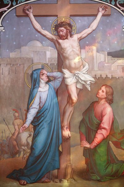 Notre Dame de Paris kathedraal schilderij: Jezus aan het kruis kijkt naar Maria, Parijs, Frankrijk door Unbekannt