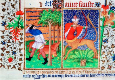 November: varkens voeren, en Boogschutter, ca. 1423 door Unbekannt