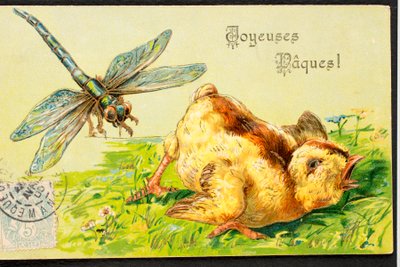 Oude ansichtkaart/Vrolijk Pasen/Kuiken/Libelle door Unbekannt