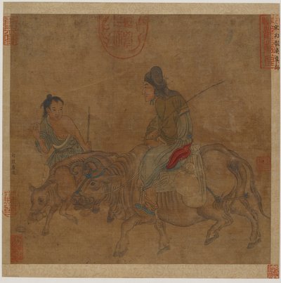 Oude vrouw op os, met herdersjongen en kalf, Mogelijk Ming-dynastie, 1368-1644 door Unbekannt