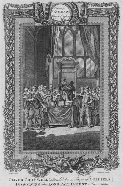Oliver Cromwell bijgestaan door een stad van soldaten die het Lange Parlement ontbinden. Anno 1653, ca. 1787 door Unbekannt