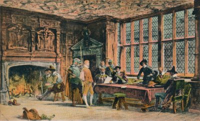 Oliver Cromwell die een gevangene berecht tijdens de verdediging van Banbury. De Globe Room van Ye Olde Reine Dee door Unbekannt