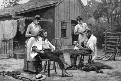 Een van de taken van een dame - Haar knippen en famille, 1889 door Unbekannt