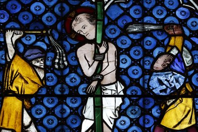 Onze-Lieve-Vrouwekathedraal van Straatsburg. Glas-in-loodraam. Christus in zijn passie. De geseling. 14e eeuw. Straatsburg, Frankrijk door Unbekannt