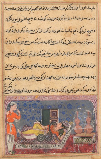 Pagina uit Verhalen van een Papegaai Tuti-nama: Achttiende nacht: Khalis betaalt terug, ca. 1560 door Unbekannt