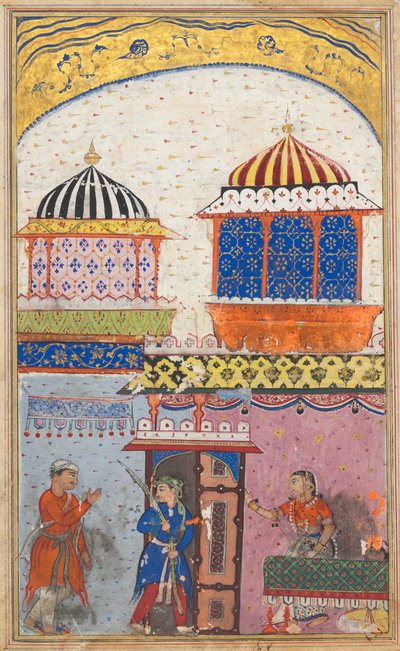Pagina uit Verhalen van een Papegaai Tuti-nama: Achtste nacht: Een vrouw vraagt haar minnaar te vertrekken..., ca. 1560 door Unbekannt