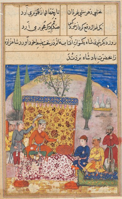 Pagina uit Verhalen van een papegaai Tuti-nama: Achtste nacht: De jonge prins wordt gepresenteerd..., 1558-1560 door Unbekannt