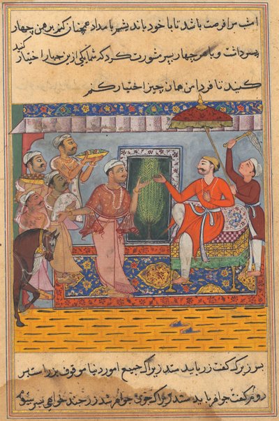 Pagina uit Verhalen van een papegaai Tuti-nama: Elfde nacht: De Brahmaan, niet in staat om te kiezen... door Unbekannt