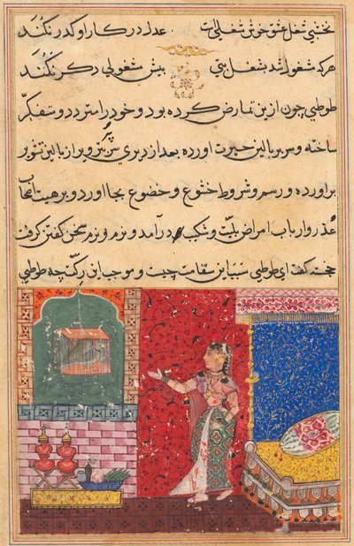 Pagina uit Verhalen van een papegaai Tuti-nama: Vijftiende nacht: De papegaai spreekt Khujasta toe..., 1558-156 door Unbekannt