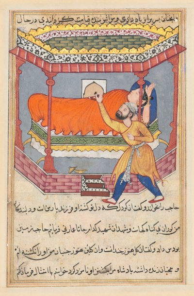 Pagina uit Verhalen van een papegaai Tuti-nama: Vijftigste nacht: De koning plaatst de talisman..., ca. 1560 door Unbekannt