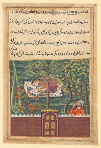 Pagina uit Verhalen van een Papegaai Tuti-nama: Eenenvijftigste nacht: Khulasa, een vizier, ziet..., ca. 1560 door Unbekannt