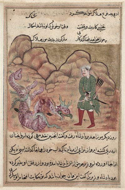 Pagina uit Verhalen van een Papegaai Tuti-nama: Tweeënvijftigste nacht: De zoon van de vrome man..., c. 1560 door Unbekannt