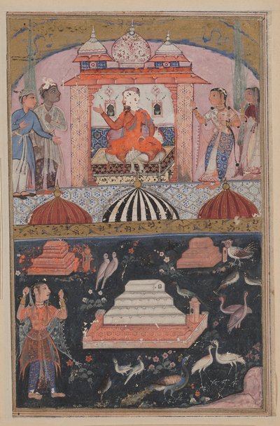 Pagina uit Verhalen van een papegaai Tuti-nama: Eerste nacht: De koopman hoort, c. 1560 door Unbekannt