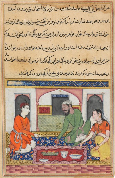 Pagina uit Verhalen van een Papegaai Tuti-nama: Veertigste nacht: Shahr-Arai en haar man..., ca. 1560 door Unbekannt
