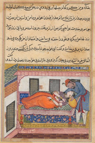 Pagina uit Verhalen van een Papegaai Tuti-nama: Veertigste nacht: Shahr-Arais echtgenoot..., c. 1560 door Unbekannt
