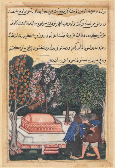 Pagina uit Verhalen van een papegaai Tuti-nama: Achtenveertigste nacht: De jonge man van Bagdad..., ca. 1560 door Unbekannt