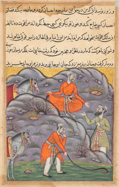 Pagina uit Verhalen van een papegaai Tuti-nama: Vijfenveertigste nacht: De Amir doodt de slang door Unbekannt