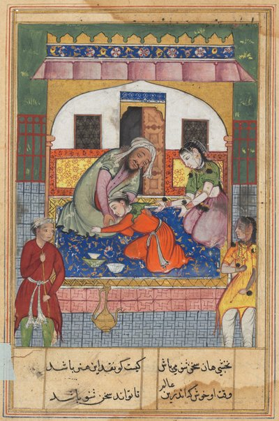 Pagina uit Verhalen van een papegaai Tuti-nama: Tweeënveertigste nacht: Berouw over zijn gedrag..., c. 1560 door Unbekannt