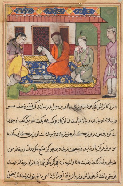 Pagina uit Verhalen van een Papegaai Tuti-nama: Tweeënveertigste nacht: Het huwelijk van Ubaid..., ca. 1560 door Unbekannt
