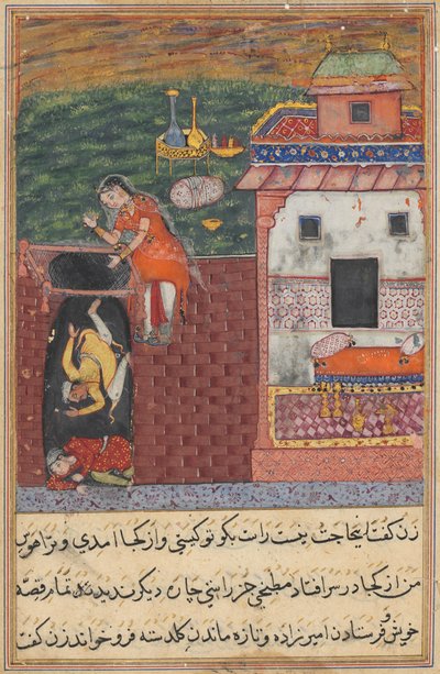 Pagina uit Verhalen van een Papegaai Tuti-nama: Vierde nacht: De twee koks..., ca. 1560 door Unbekannt