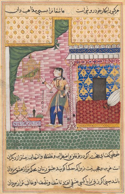 Pagina uit Verhalen van een Papegaai Tuti-nama: Zeventiende nacht: De papegaai..., c. 1560 door Unbekannt