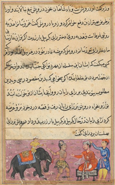 Pagina uit Verhalen van een papegaai Tuti-nama: Zevende nacht: De darwish brengt als bruidsschat, ca. 1560 door Unbekannt