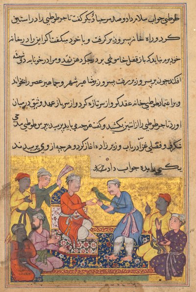 Pagina uit Verhalen van een Papegaai Tuti-nama: Tiende nacht: De magische papegaai van de koopman, ca. 1560 door Unbekannt