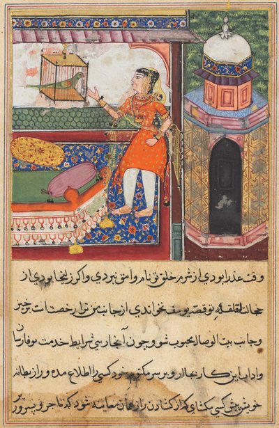 Pagina uit Verhalen van een Papegaai Tuti-nama: Tiende nacht: De papegaai spreekt Khujasta toe, ca. 1560 door Unbekannt
