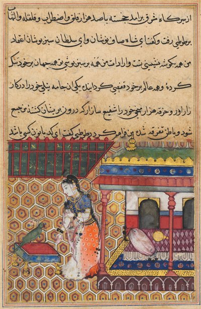 Pagina uit Verhalen van een Papegaai Tuti-nama: Achtendertigste nacht: De papegaai spreekt Khujasta toe, ca. 1560 door Unbekannt