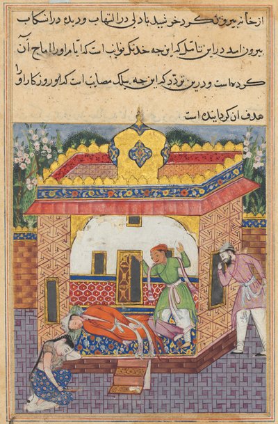 Pagina uit Verhalen van een papegaai Tuti-nama: Tweeëndertigste nacht: Latif, die heeft vermoord..., ca. 1560 door Unbekannt