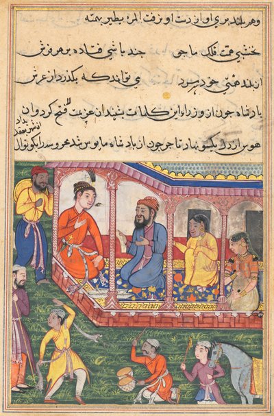 Pagina uit Verhalen van een Papegaai Tuti-nama: Zesendertigste nacht: Mahrusas huwelijk..., ca. 1560 door Unbekannt