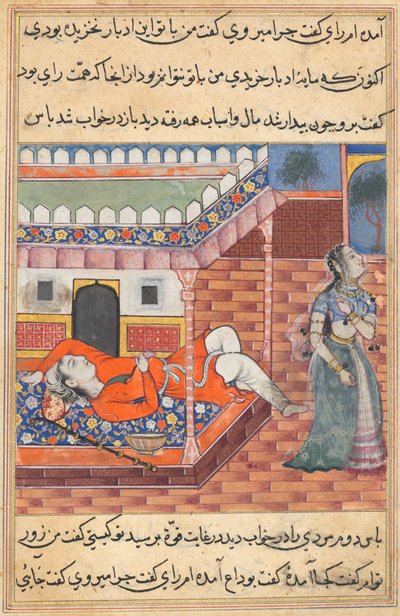 Pagina uit Verhalen van een Papegaai Tuti-nama: Zesendertigste nacht: De koning droomt van een dame..., ca. 1560 door Unbekannt