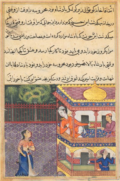 Pagina uit Verhalen van een Papegaai Tuti-nama: Zesendertigste nacht: De koning van Babylon..., c. 1560 door Unbekannt