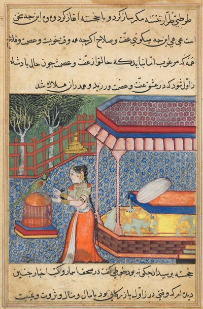 Pagina uit Verhalen van een papegaai Tuti-nama: Zesendertigste nacht: De papegaai spreekt Khujasta toe..., ca. 15 door Unbekannt
