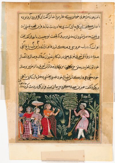 Pagina uit Verhalen van een papegaai Tuti-nama: Twaalfde nacht: De dochter van de koopman..., ca. 1560 door Unbekannt