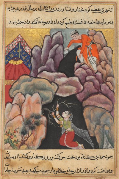 Pagina uit Verhalen van een papegaai Tuti-nama: Vijfentwintigste nacht: Mukhtar gooit zijn vrouw, ca. 1560 door Unbekannt
