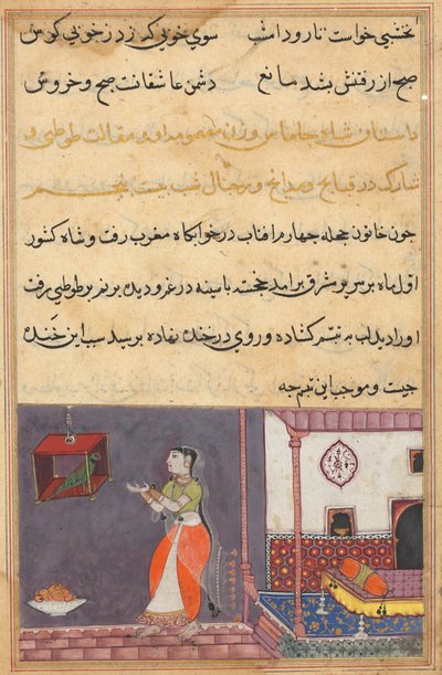 Pagina uit Verhalen van een papegaai Tuti-nama: Vijfentwintigste nacht: De papegaai spreekt Khujasta toe, c1560 door Unbekannt