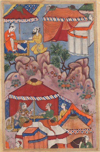 Pagina uit Verhalen van een papegaai Tuti-nama: Vierentwintigste nacht: Bashir vertrouwt zijn liefde toe, ca. 1560 door Unbekannt