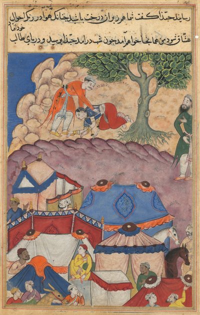 Pagina uit Verhalen van een papegaai Tuti-nama: Vierentwintigste nacht: Habbaza ontmoet Bashir, ca. 1560 door Unbekannt
