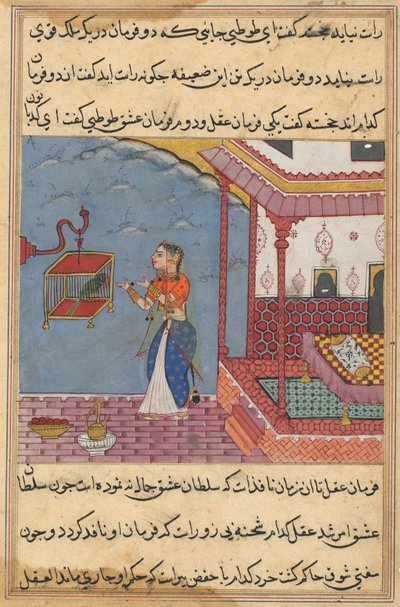 Pagina uit Verhalen van een Papegaai Tuti-nama: Vierentwintigste nacht: De papegaai..., ca. 1560 door Unbekannt
