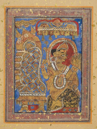 Pagina uit een Kalpa-sutra: Indra brengt eerbetoon aan Mahavira, begin 16e eeuw door Unbekannt
