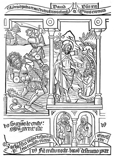 Pagina uit de Biblia Pauperum, 15e eeuw, 1870 door Unbekannt