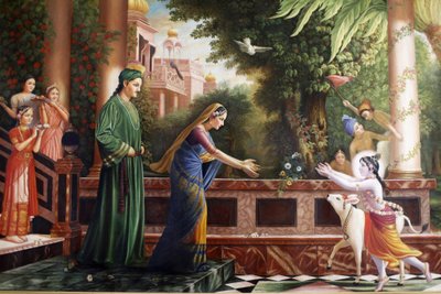 Schilderij in Bhaktivedanta Manor dat jonge Krishna toont die naar Moeder Yasoda en Nanda Maharaj (zijn pleegouders) rent. Watford, Verenigd Koninkrijk door Unbekannt