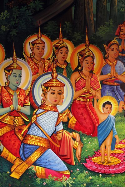 Schilderij dat de verjaardag van Boeddha (Wesak) uitbeeldt in Wat Than, Phnom Penh, Cambodja door Unbekannt