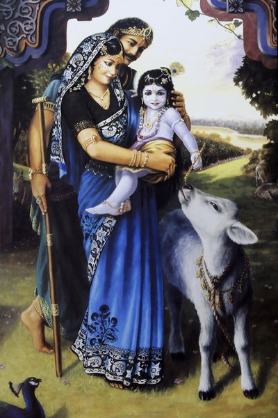 Schilderij van hindoegod Krishna als baby met zijn pleegouders Yashoda & Nanda. India door Unbekannt