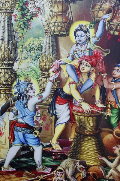 Schilderij van de hindoegod Krishna als kind die met zijn broers speelt, India door Unbekannt