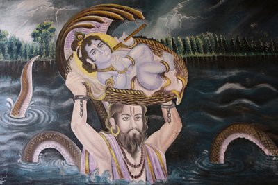 Schilderij in Gokul: Krishna als baby gedragen over de Yamuna-rivier door Vasudeva, India door Unbekannt