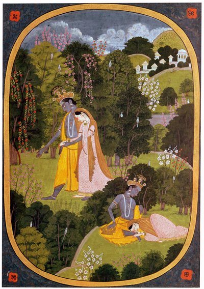 Schilderij van Radha en Krishna in een bosje door Unbekannt