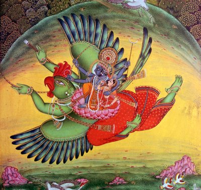 Schilderij van Vishnu en zijn gemalin Lakshmi rijdend op de vogelgod Garuda door Unbekannt